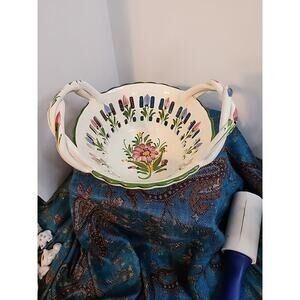 RCCL Portugal Handpainted Floral Cut Out Bowl Basket With Handles Ceramic 7in
